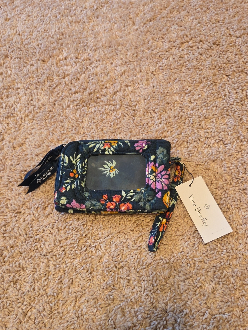 Vera Bradley Navy Multi Floral Wristlet ID Case with Wrist Strap